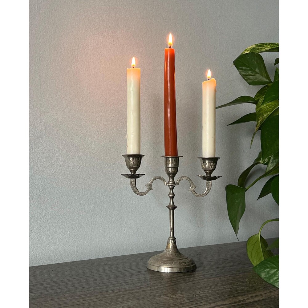 Vintage Etched Silver Colored Metal Candelabra